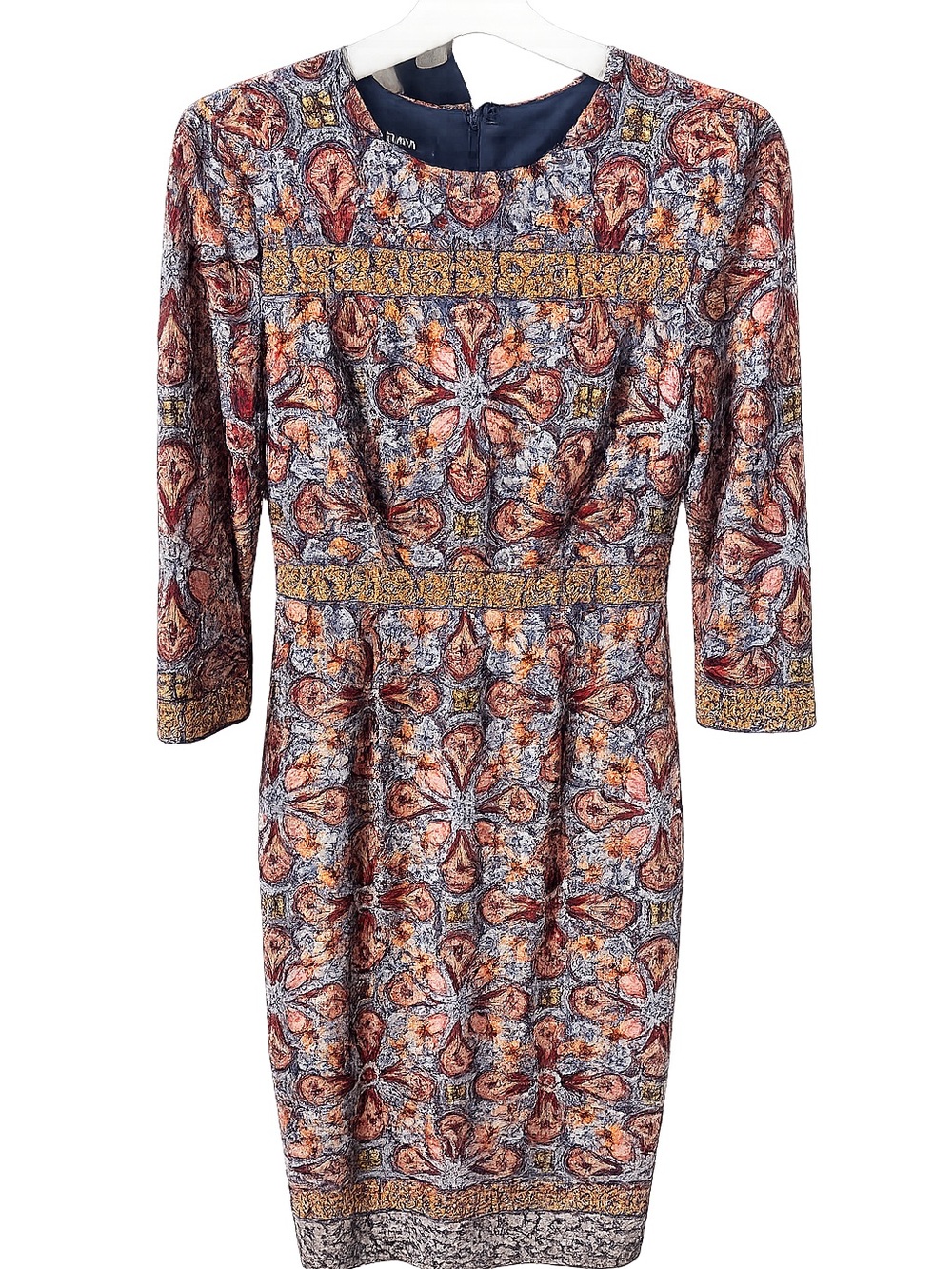 Adorne Printed Sheath Dress – US 4 | 3/4 Sleeve Stretch Midi Dress